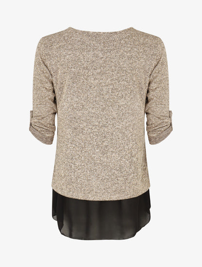 Pull fin superposé et strassé - Beige chiné - 2