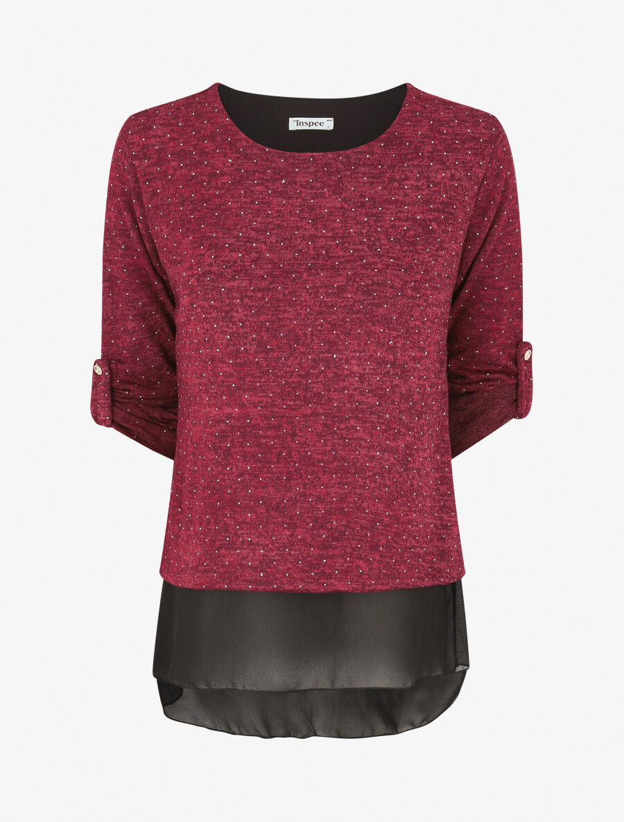 Pull fin superposé et strassé - Lie de vin chiné - 1