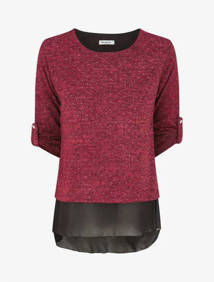 Pull fin superposé et strassé - Lie de vin chiné - 1