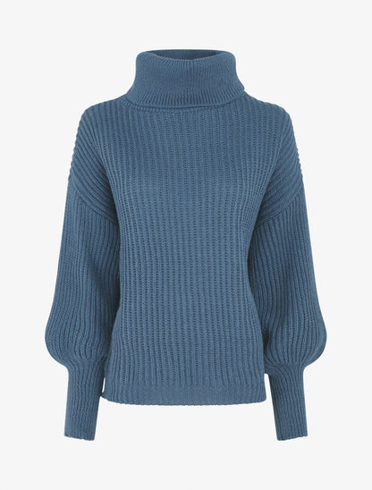 Pull uni en maille à col roulé - Bleu - 4