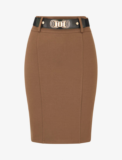 Jupe moulante fendue unie - Marron - 4