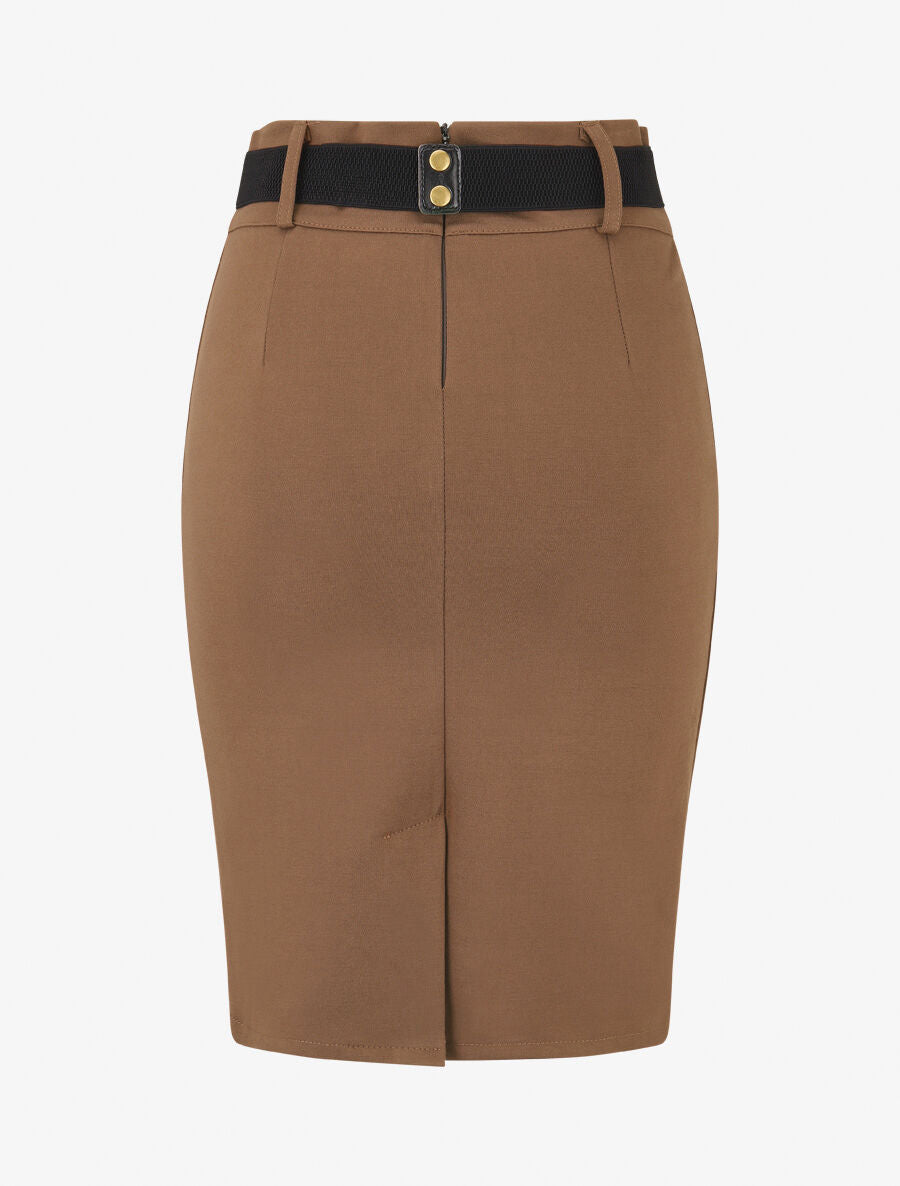 Jupe moulante fendue unie - Marron - 2