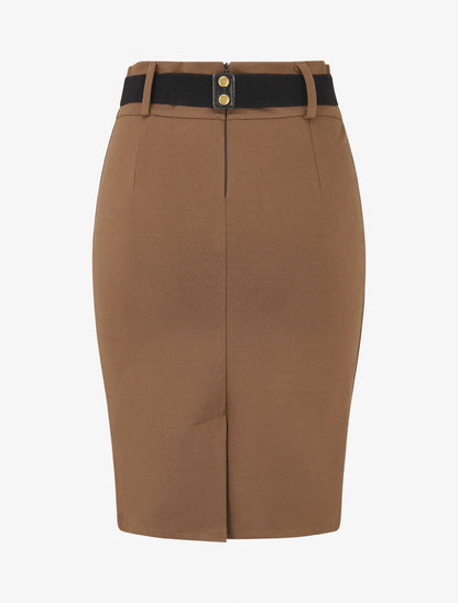 Jupe moulante fendue unie - Marron - 2