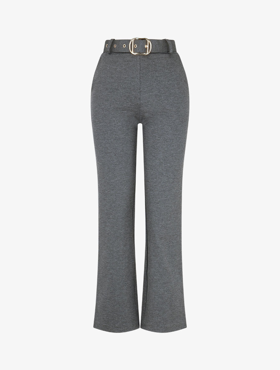 Pantalon long uni ceinturé - Gris - 1