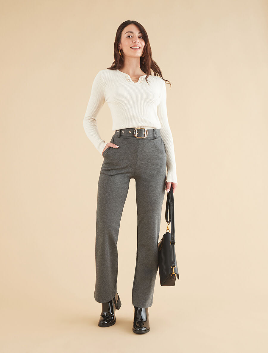 Pantalon long uni ceinturé - Gris - 4