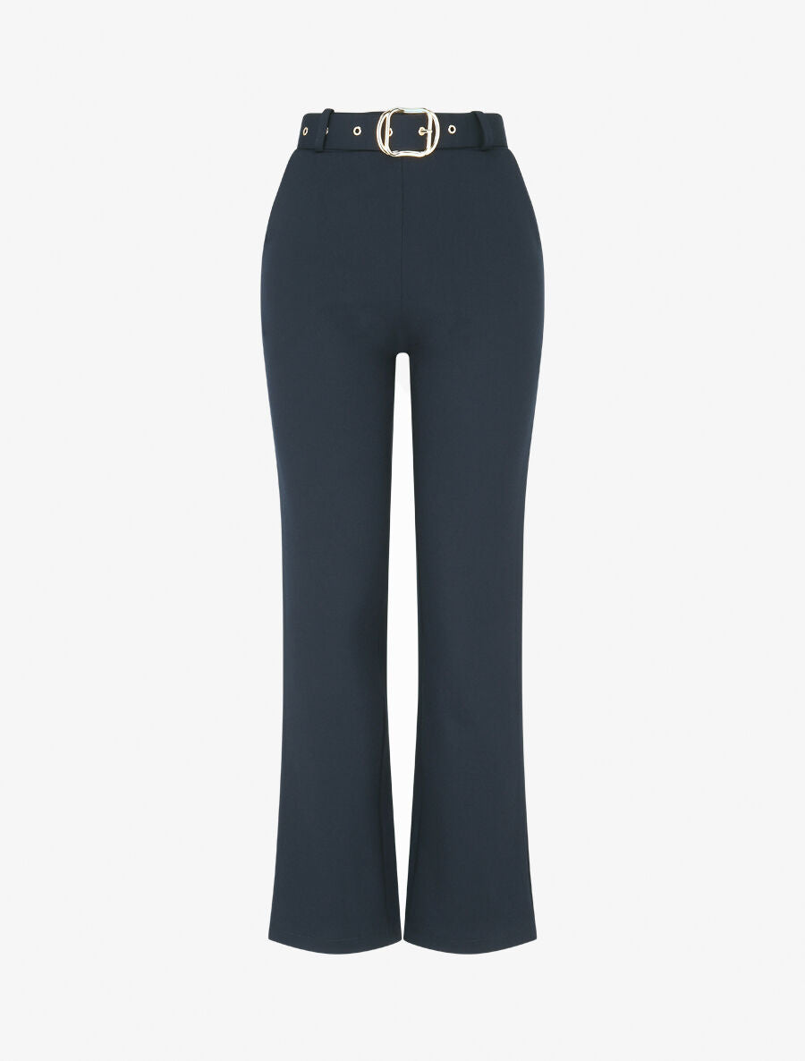 Pantalon long uni ceinturé - Marine - 4