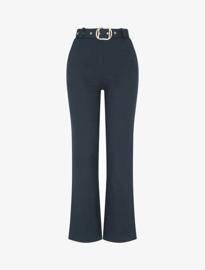 Pantalon long uni ceinturé - Marine - 4