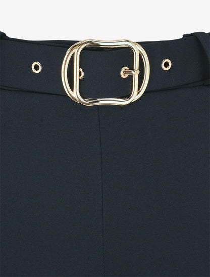 Pantalon long uni ceinturé - Marine - 3