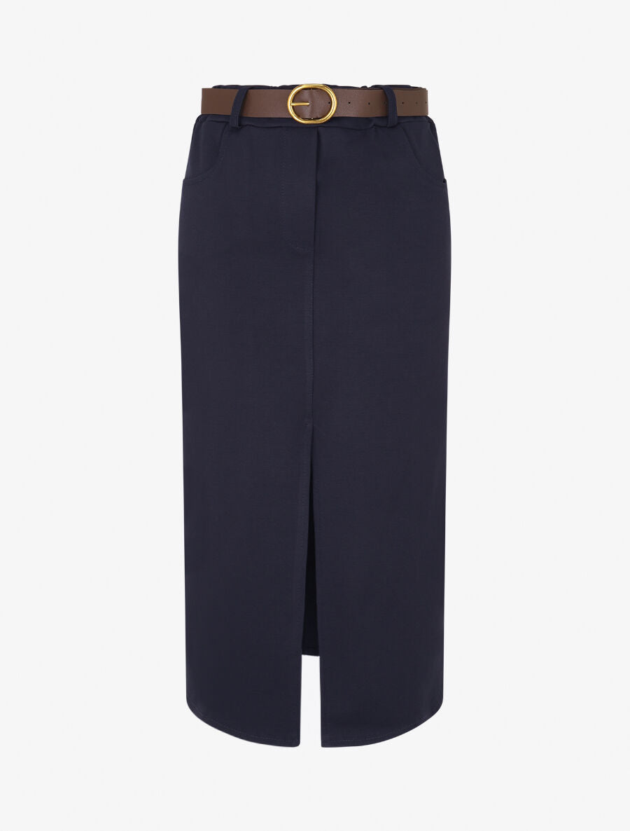 Jupe unie fendue à taille élastiquée - Marine - 1