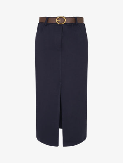 Jupe unie fendue à taille élastiquée - Marine - 1