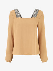 Top à col carré imprimé fantaisie - Beige - 1