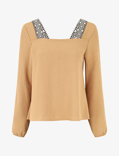 Top à col carré imprimé fantaisie - Beige - 1