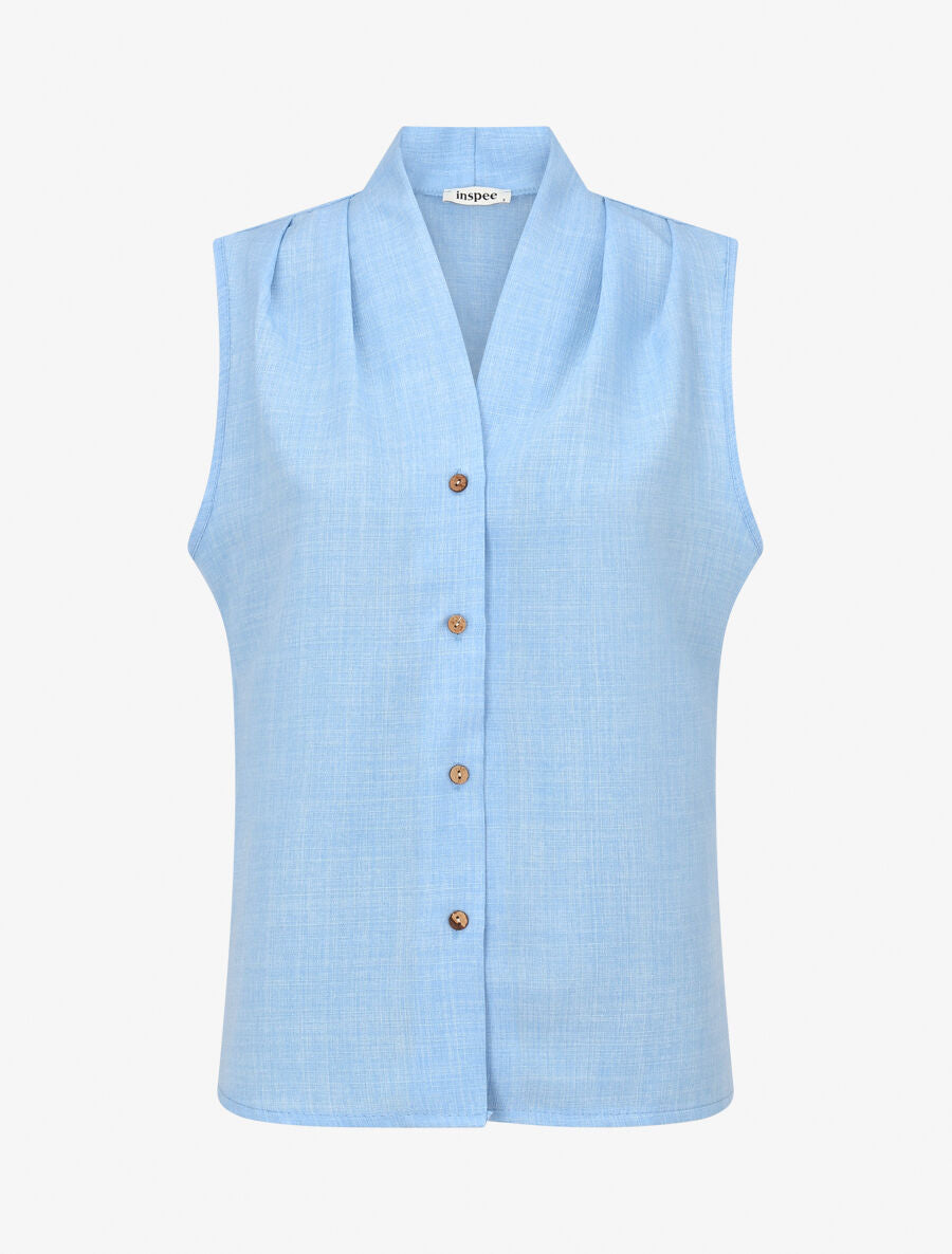 Top uni sans manches boutonné - Bleu - 1