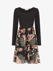 Robe patineuse à jupe imprimé plantes tropicales lamé - Noir - 1