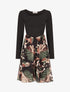 Robe patineuse à jupe imprimé plantes tropicales lamé - Noir - 1