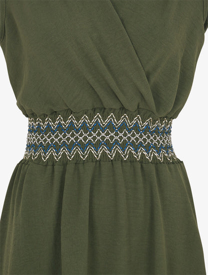 Robe unie sans manches à taille élastiquée - Kaki - 3