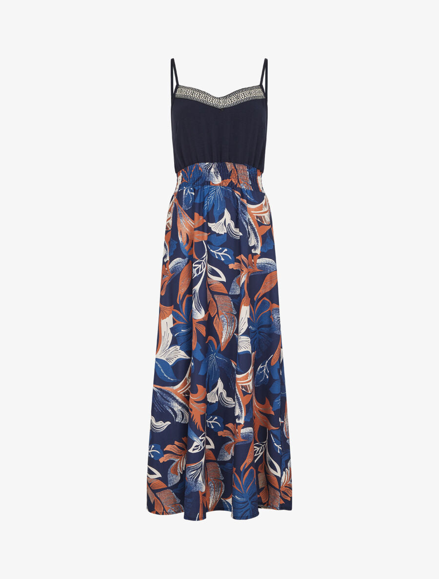 Robe longue à fines bretelles imprimé feuilles - Marine - 1