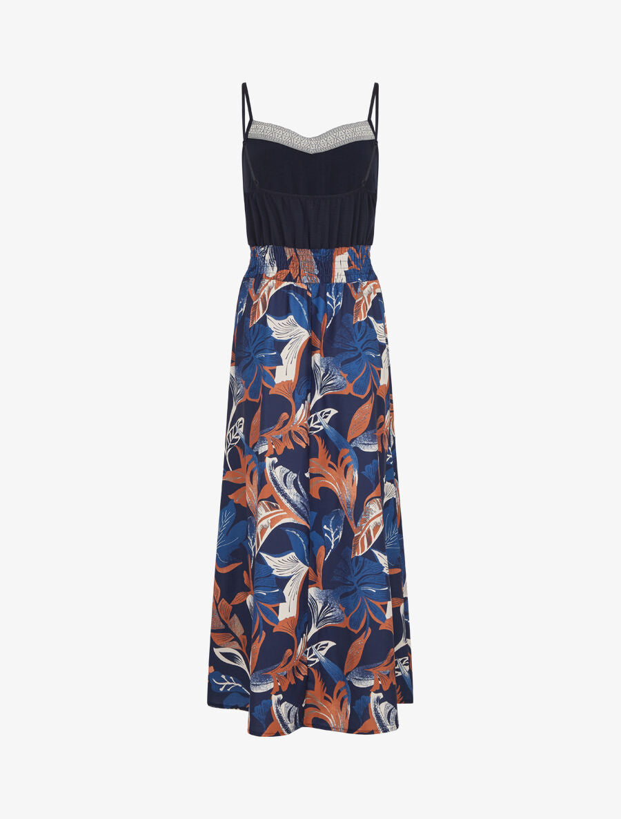 Robe longue à fines bretelles imprimé feuilles - Marine - 2