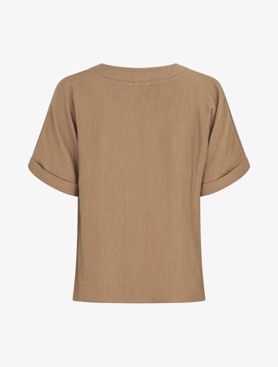 Blouse droite et texturée à col V - Camel - 2
