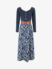 Robe évasée à jupe imprimée - Marine - 1