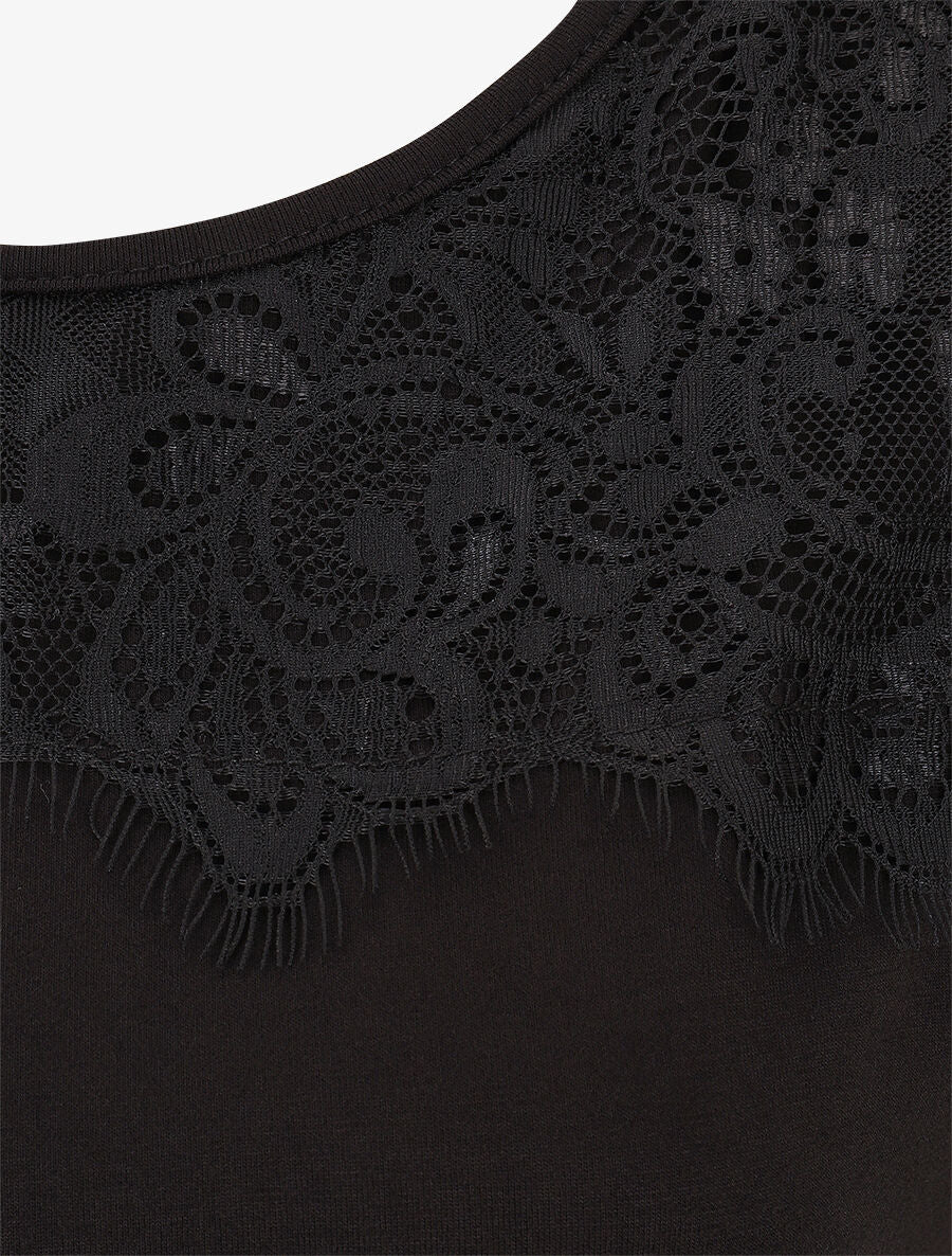 T-shirt droit manches courtes col rond à dentelle - Noir - 3