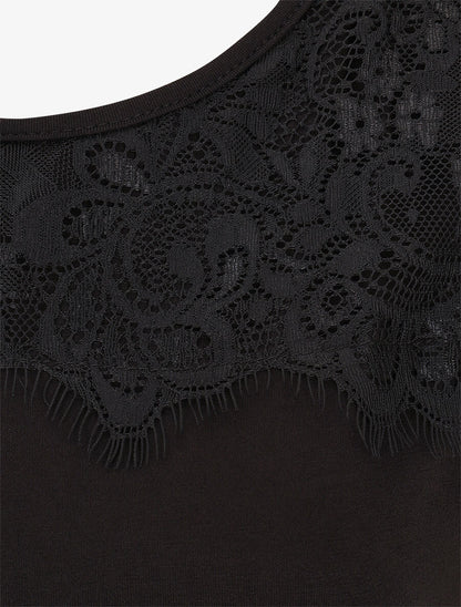 T-shirt droit manches courtes col rond à dentelle - Noir - 3