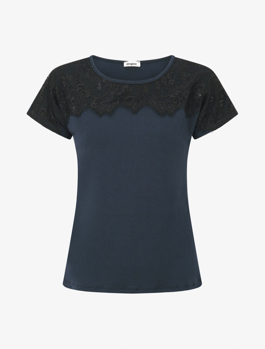 T-shirt droit manches courtes col rond à dentelle - Marine - 4