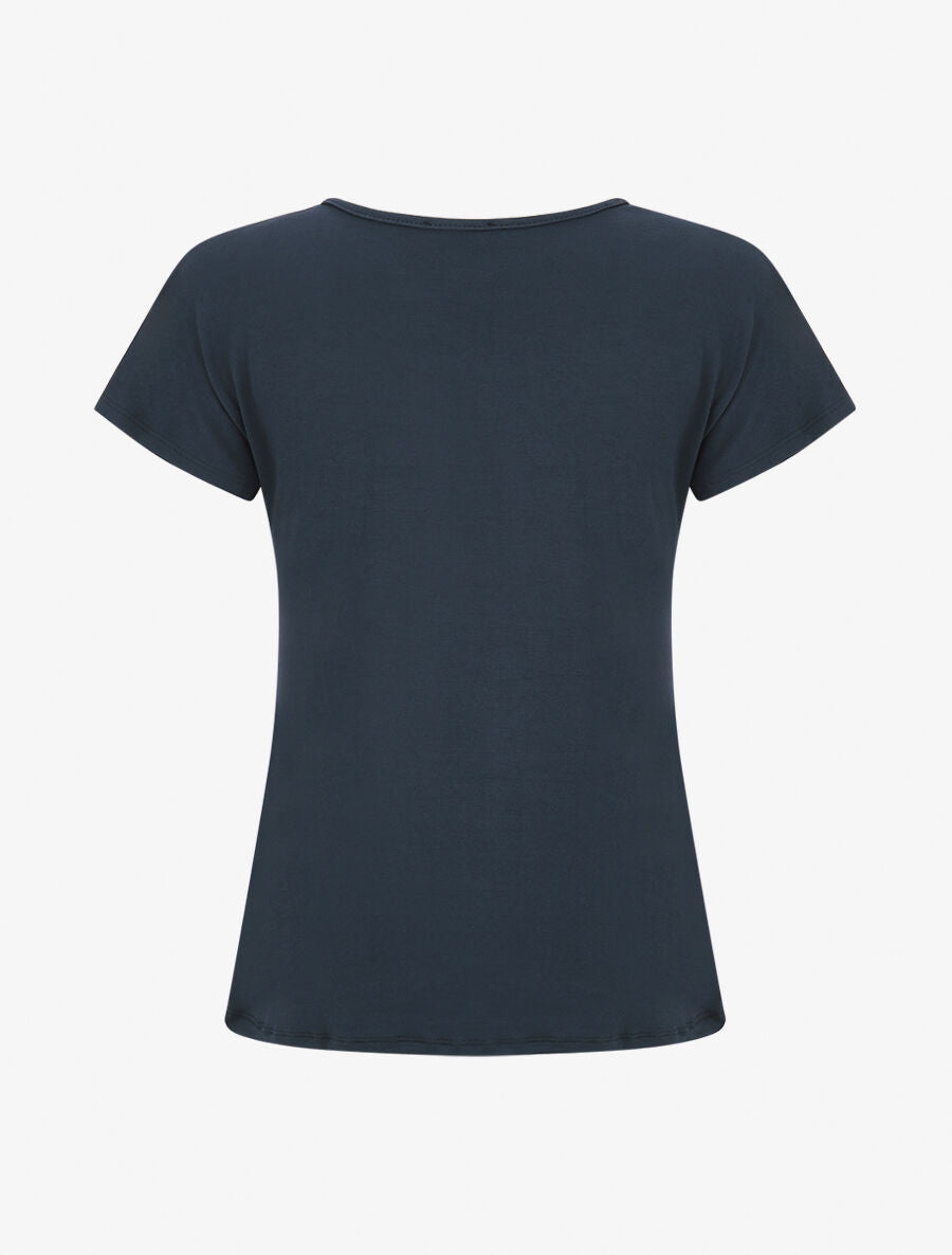 T-shirt droit manches courtes col rond à dentelle - Marine - 2