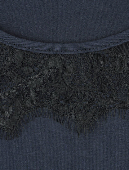 T-shirt droit manches courtes col rond à dentelle - Marine - 3