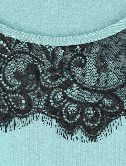 T-shirt droit manches courtes col rond à dentelle - Vert d&
