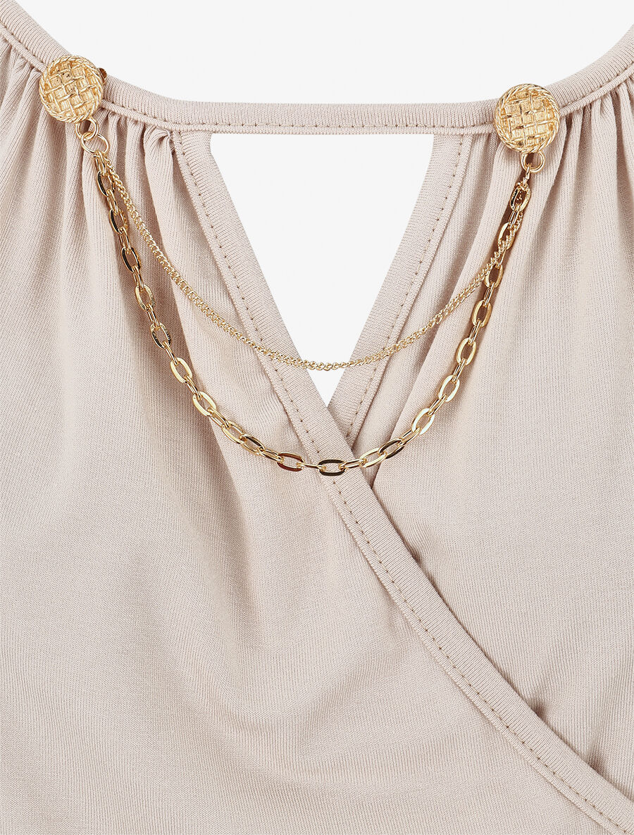 Top droit col cache coeur à chaînette - Beige - 3