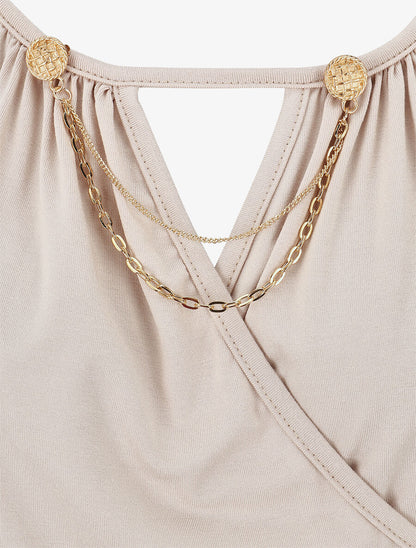Top droit col cache coeur à chaînette - Beige - 3