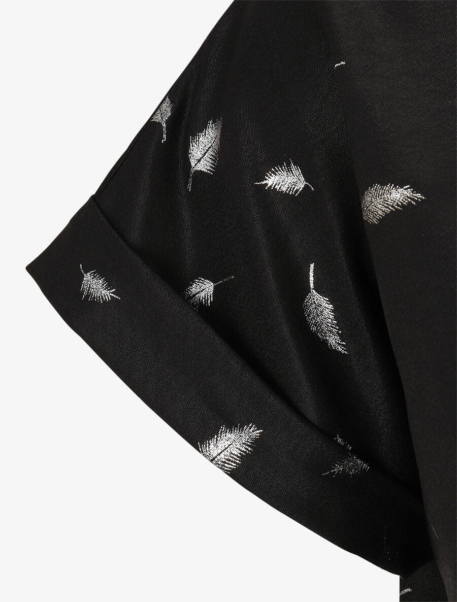 Top imprimé plumes irisées à détail ajouré et pierres - Noir - 3
