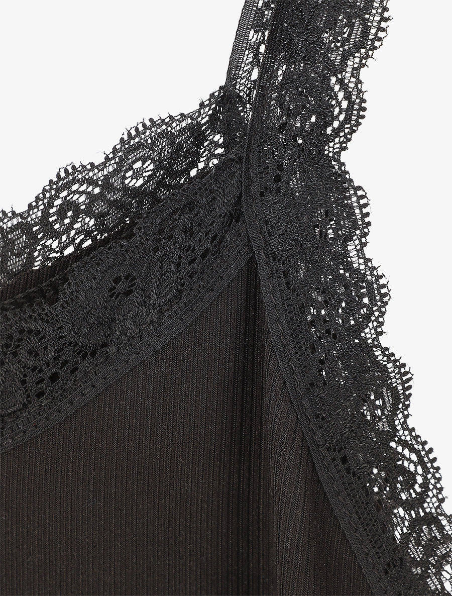 Débardeur côtelé à bretelles en dentelle - Noir - 3