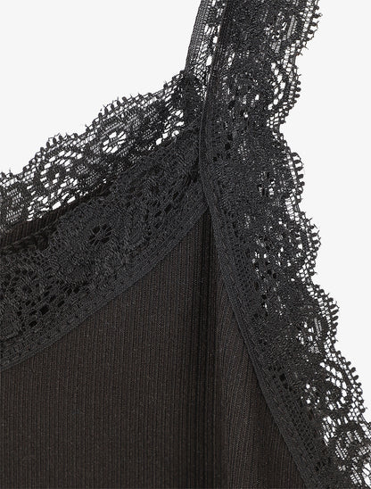 Débardeur côtelé à bretelles en dentelle - Noir - 3