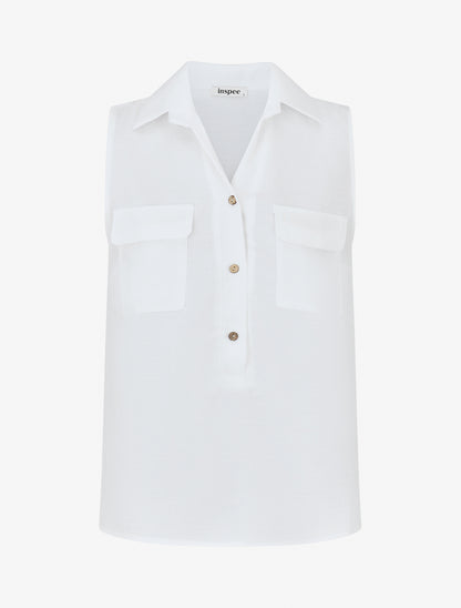 Top uni boutonné effet lin - Blanc - 1