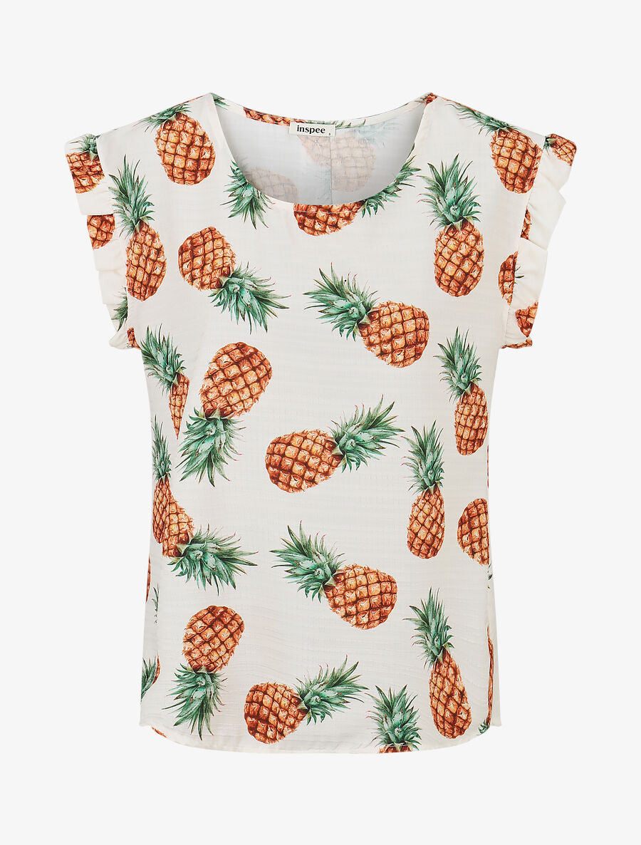 Top à manches volantées imprimé ananas - Blanc - 1