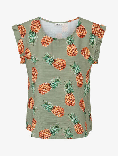Top à manches volantées imprimé ananas - Kaki - 4