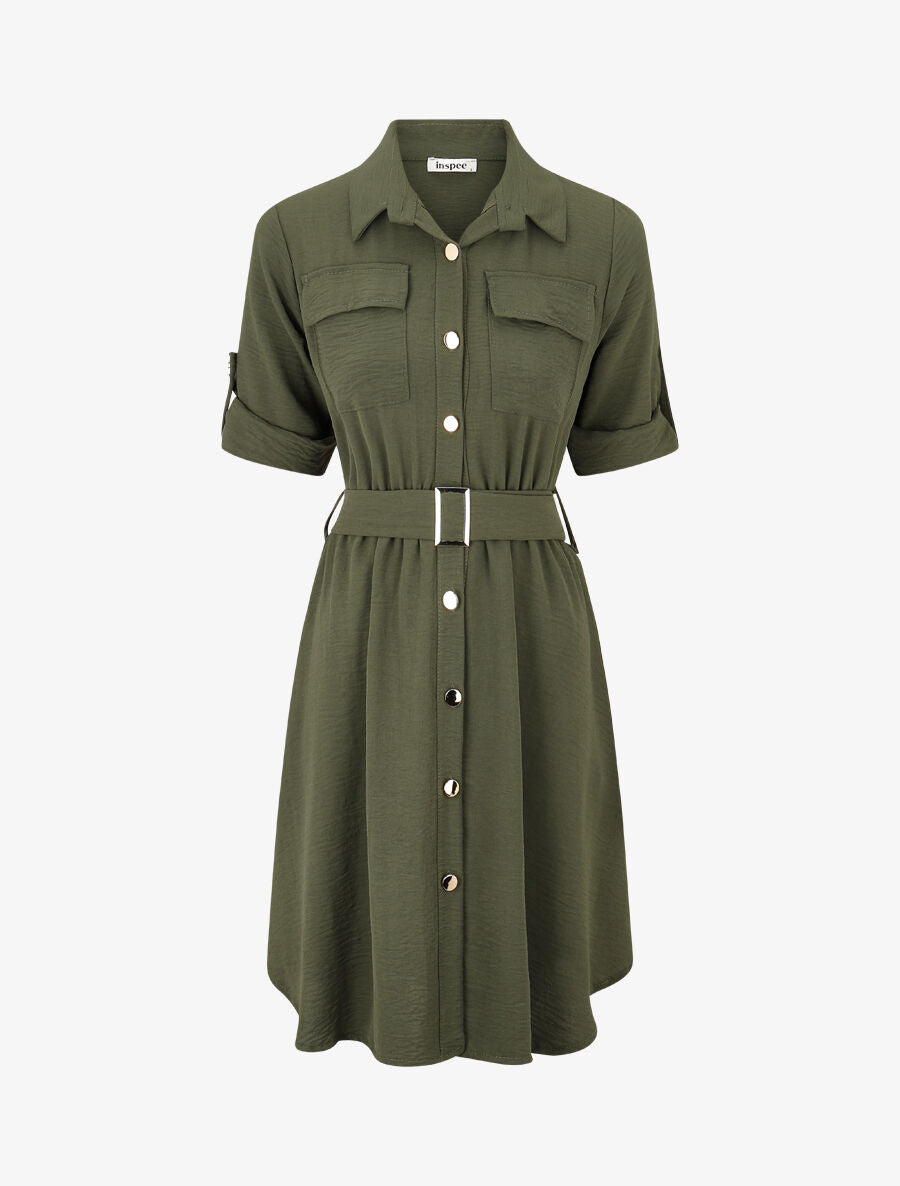 Robe mi-longue unie boutonnée - Kaki - 1