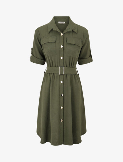 Robe mi-longue unie boutonnée - Kaki - 1