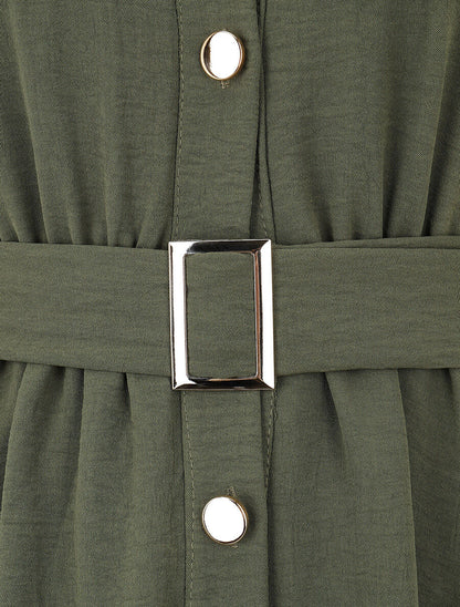 Robe mi-longue unie boutonnée - Kaki - 3