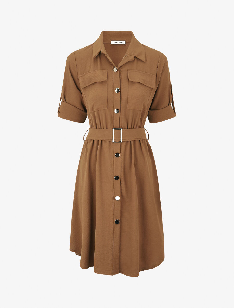 Robe mi-longue unie boutonnée - Camel - 1