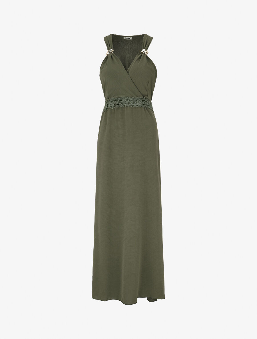 Robe longue fluide à bretelles bijoux - Kaki - 4