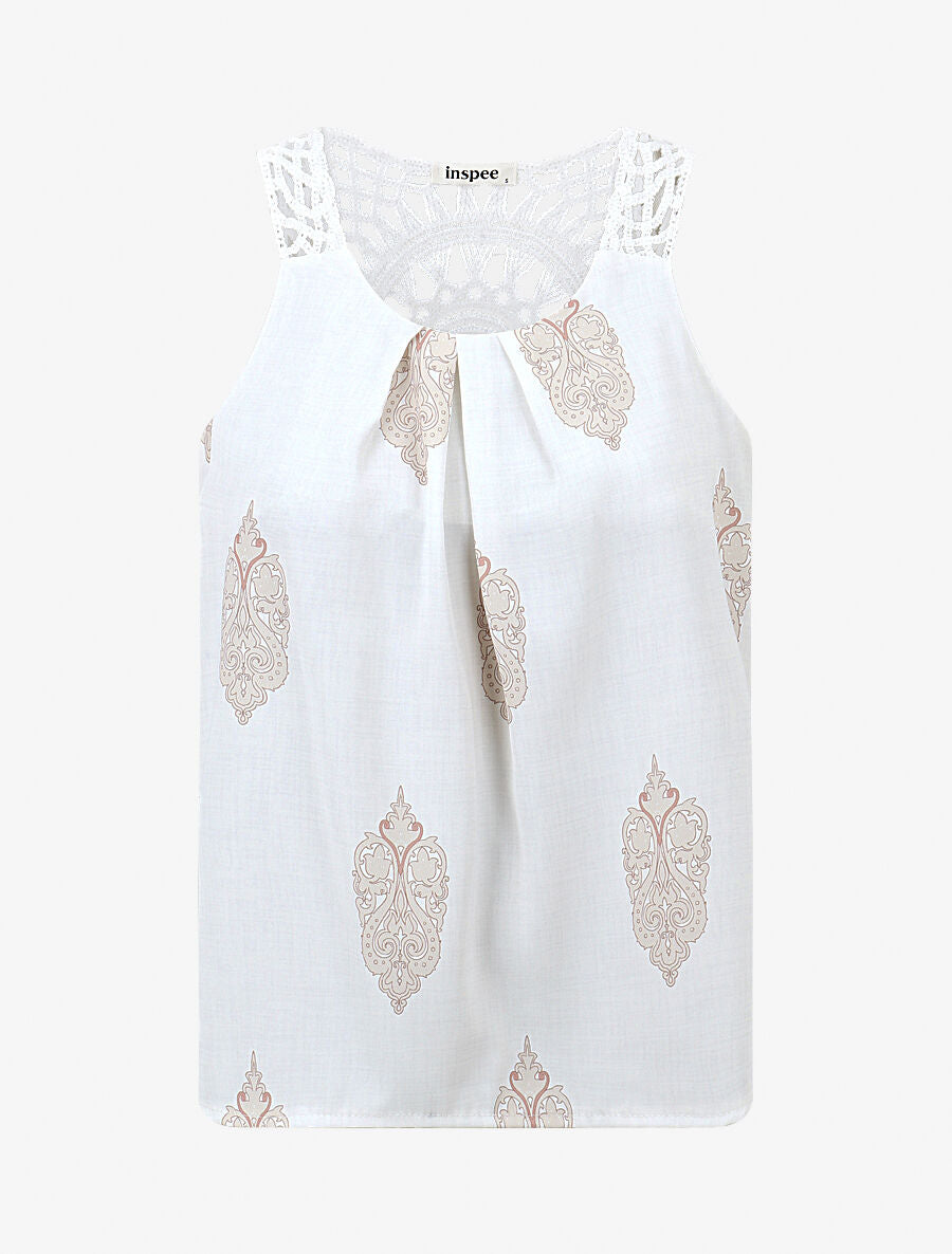 Top imprimé graphique et bretelles en crochet - Blanc - 1