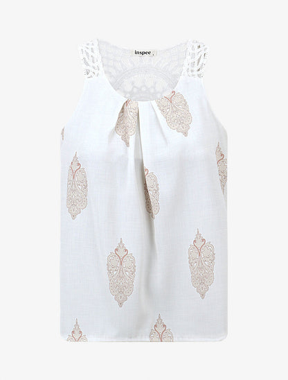 Top imprimé graphique et bretelles en crochet - Blanc - 1