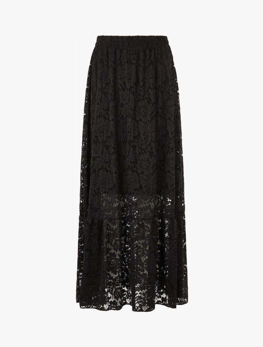 Jupe longue unie en dentelle - Noir - 1