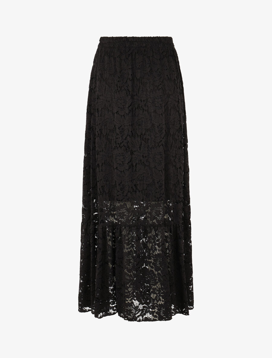 Jupe longue unie en dentelle - Noir - 2