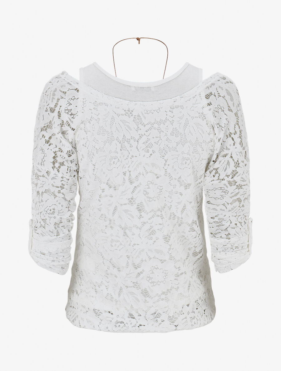 Top en dentelle manches 3/4 effet superposé - Blanc - 2