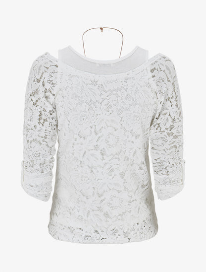 Top en dentelle manches 3/4 effet superposé - Blanc - 2