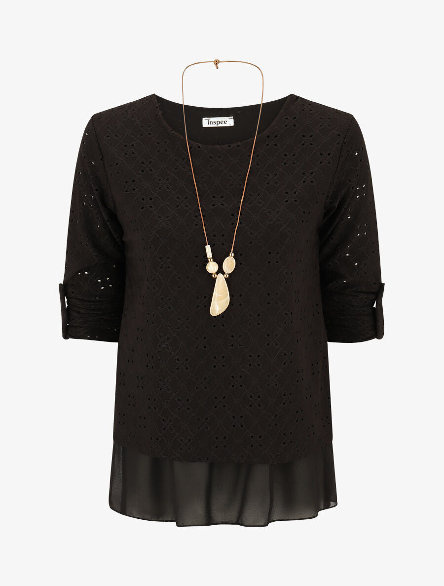 Blouse ajourée superposée à manches retroussables - Noir - 4